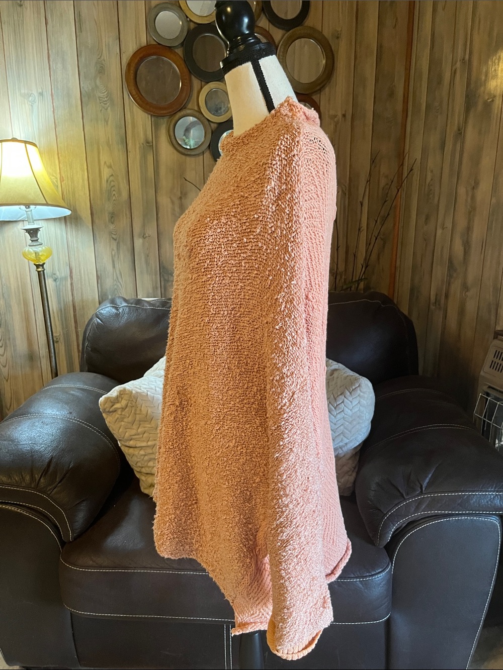 Free People Cuddle Up Pullover Sweater Cozy, Oversized Peach Loop-Knit - Picture 3 of 8